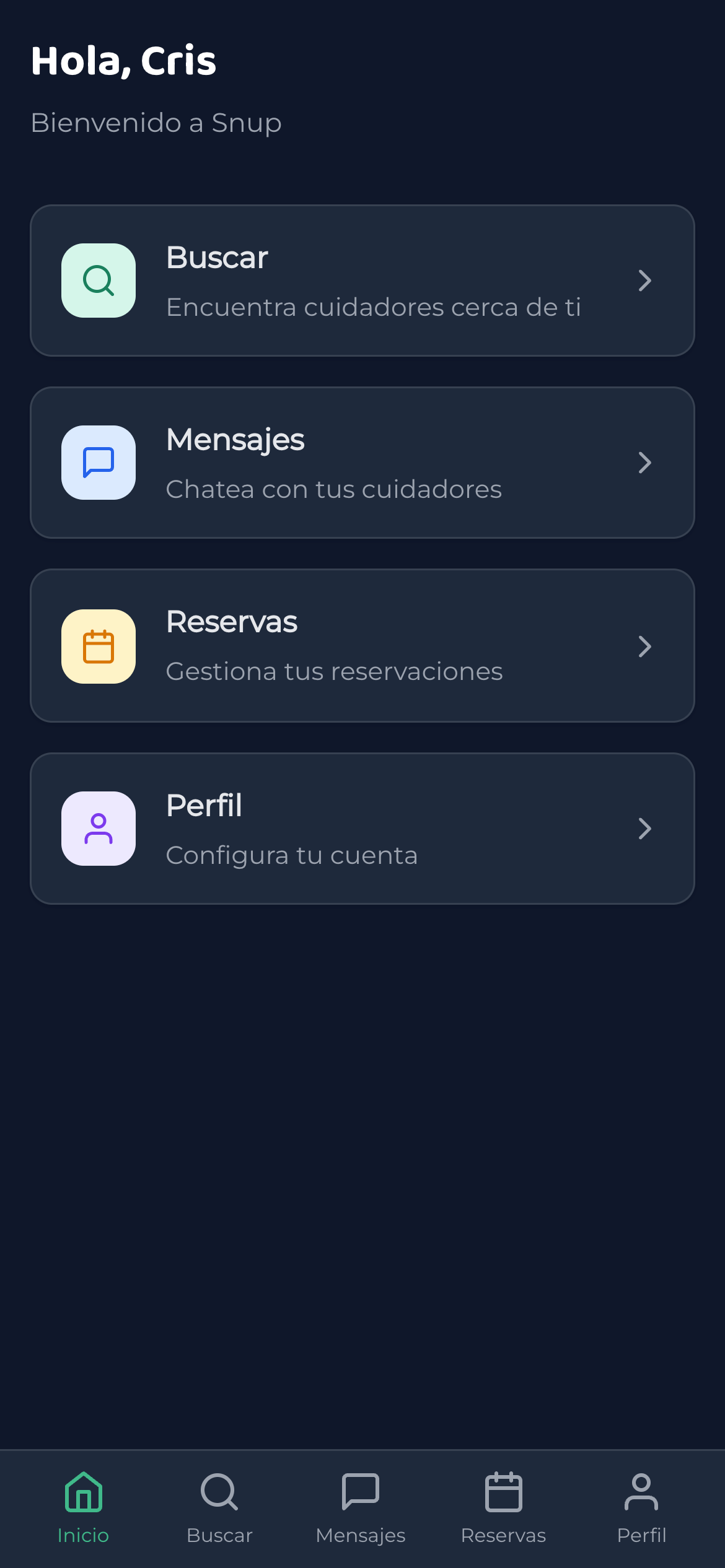 Snup App - Pantalla principal