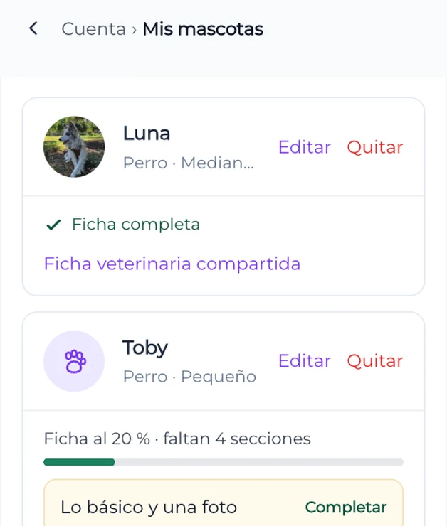 La sección Mis mascotas, con una ficha completa y otra que muestra su avance