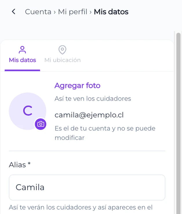 La pantalla Mi perfil, con las pestañas Mis datos y Mi ubicación